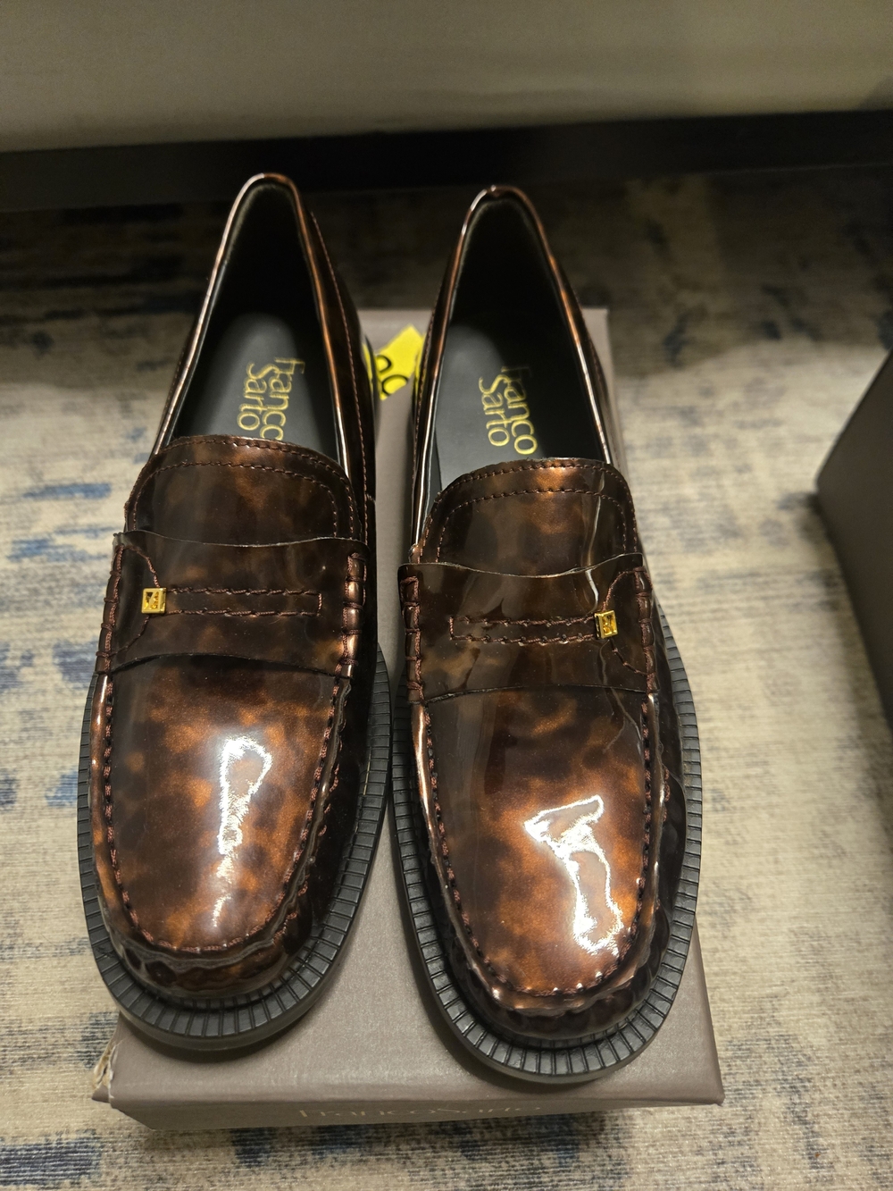 Franco Sarto Women's Shiny Tortoiseshell Brown Penny Loafers